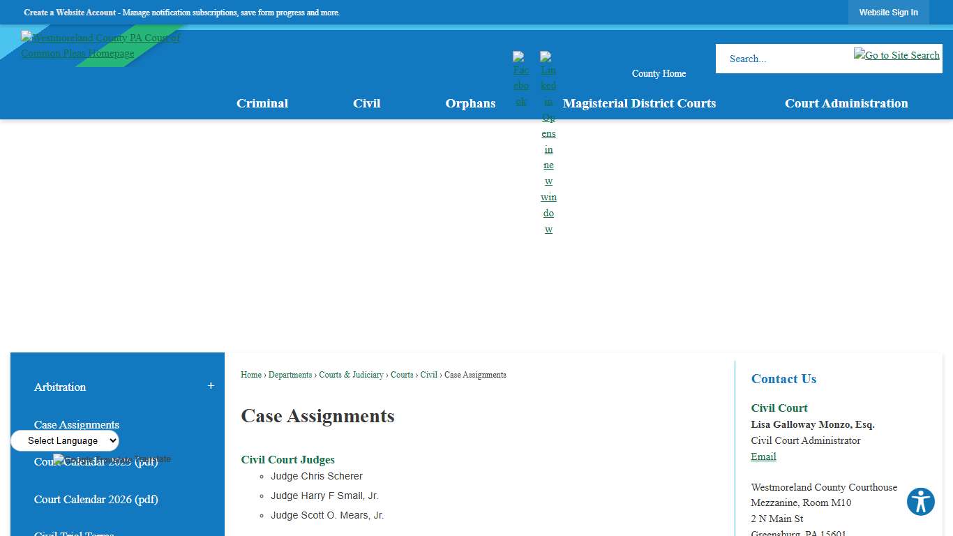 Case Assignments Westmoreland County, PA - Official Website